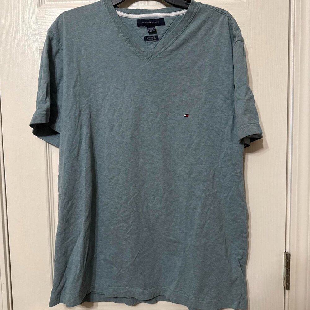 Green-blue tommy hilfiger casual v neck shirt